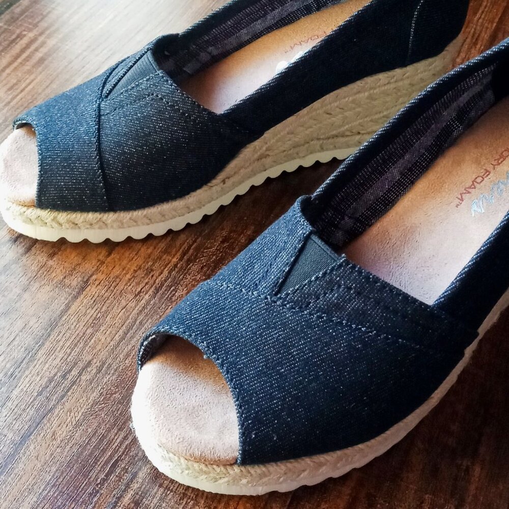Cute Skechers Cali Denim Wedge Espadrille Memory Foam Women's Peep-toe Shoes